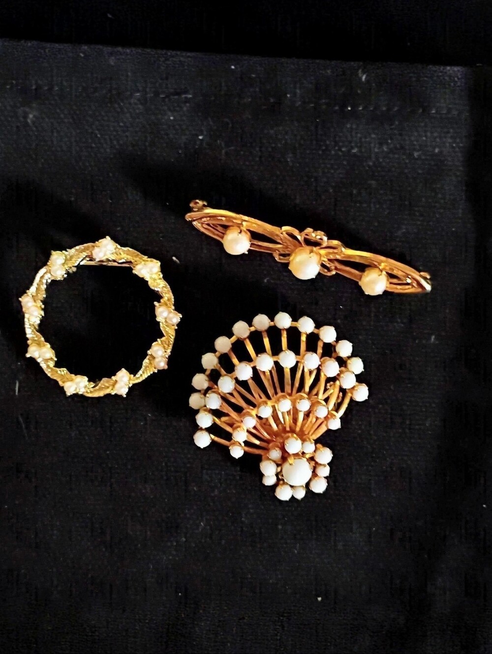 Three Vintage Gold Toned and Faux Pearls Brooches